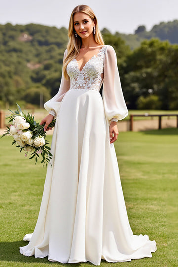 Ivory Long Sleeves Lace Wedding Dress with Appliques